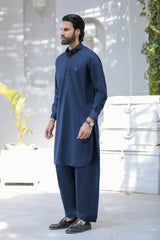 Stitched Signature Logo Shalwar Kameez With Golden Button for Men - Navy Blue - A Man