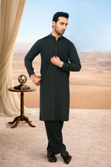 Elegant Short Collar Kameez Shalwar with Subtle Detailing - Bottle Green