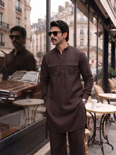 Stitched Cotton Kurta Trouser Set Relaxed Fit - Coffee Brown