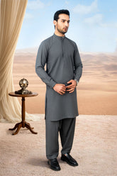Elegant Wool Kurta Shalwar with Stylish Placket - Grey