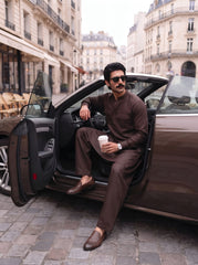 Stitched Cotton Kurta Trouser Set Relaxed Fit - Coffee Brown