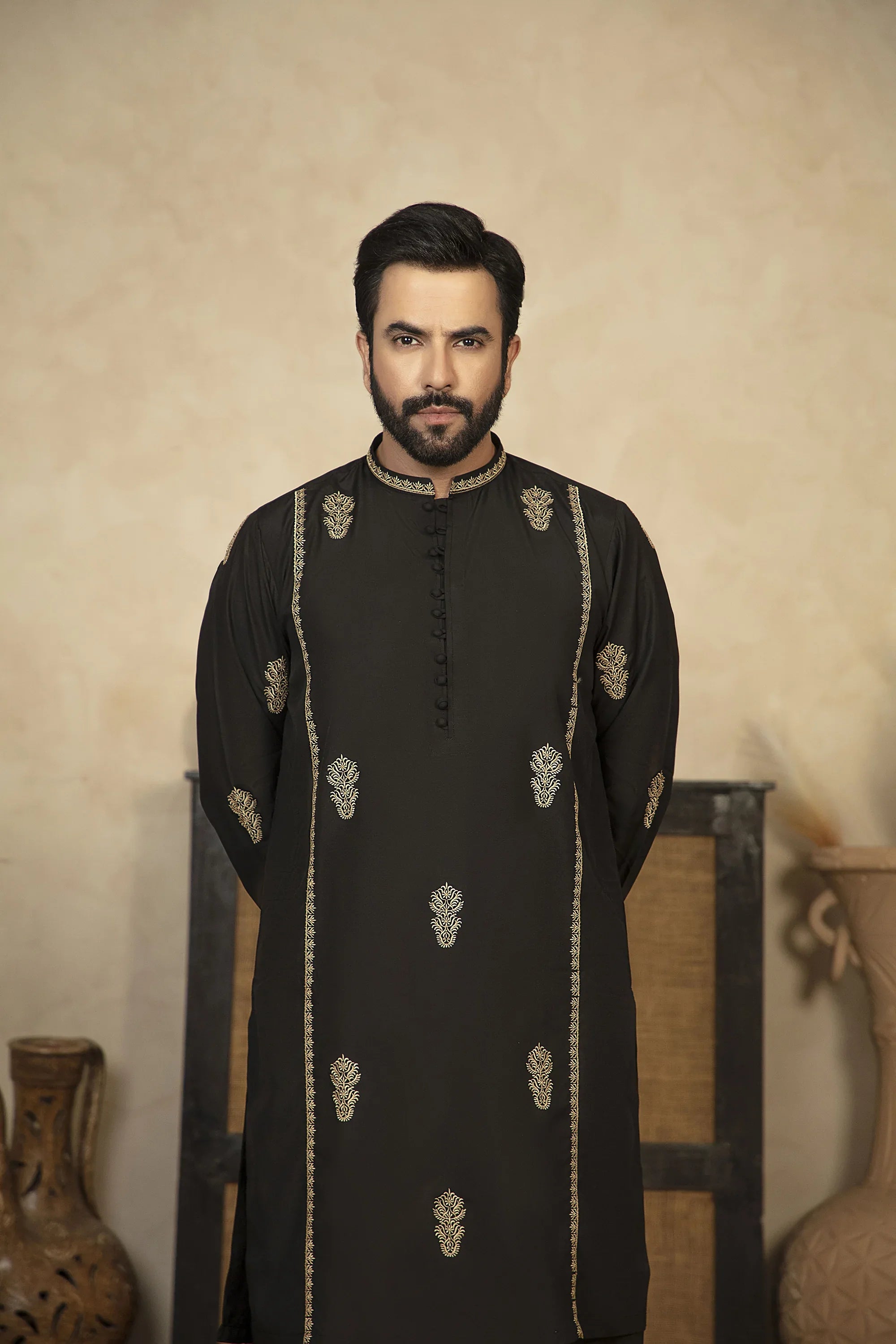 Premium Embroidered Kameez Shalwar With Golden Thread Detailing - Black - A Man
