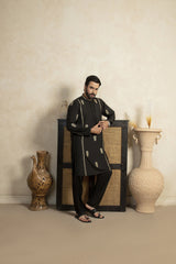 Premium Embroidered Kameez Shalwar With Golden Thread Detailing - Black - A Man