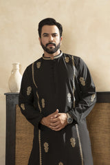 Premium Embroidered Kameez Shalwar With Golden Thread Detailing - Black - A Man