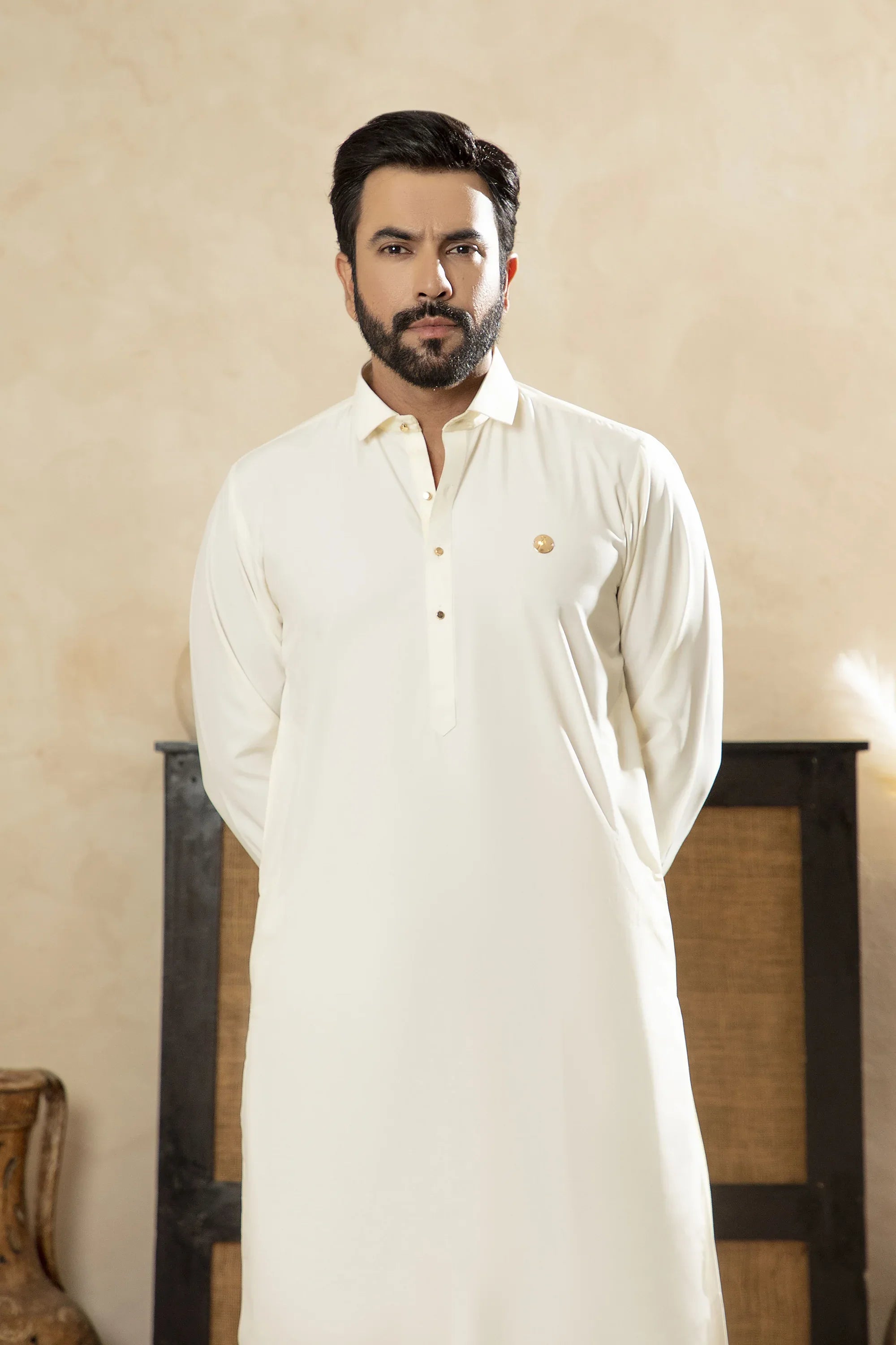 Premium Boski Kameez Shalwar With With Metal Buttons - Cream - A Man