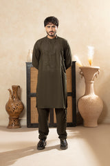 Premium Embroidered Shalwar Kameez - Olive Green