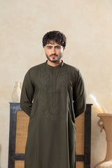 Premium Embroidered Shalwar Kameez - Olive Green