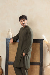Premium Embroidered Shalwar Kameez - Olive Green