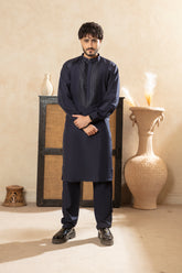 Classic Shalwar Kameez with Embroidered Panel - Navy Blue