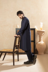 Classic Shalwar Kameez with Embroidered Panel - Navy Blue