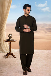 Premium Band Collar Kameez Shalwar with Minimal Detailing - Dark Brown