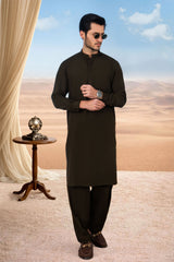 Premium Band Collar Kameez Shalwar with Minimal Detailing - Olive Green