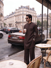 Stitched Cotton Kurta Trouser Set Relaxed Fit - Coffee Brown