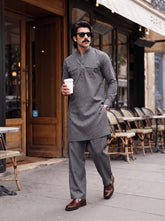 Stitched Cotton Kurta Trouser Set Relaxed Fit - Slate Grey