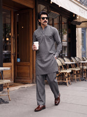 Stitched Cotton Kurta Trouser Set Relaxed Fit - Slate Grey