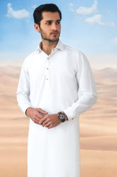 Premium Round Collar Kameez Shalwar with Button Detailing - Off White