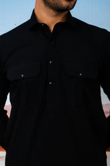 Stitched Double Pocket Kurta Shalwar With Button Detailing for Men - Black
