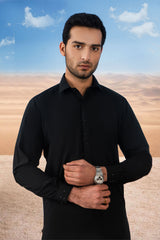 Classic Collar Kameez Shalwar with Minimal Detailing - Black