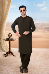 Premium Band Collar Kameez Shalwar with Minimal Detailing - Olive Green