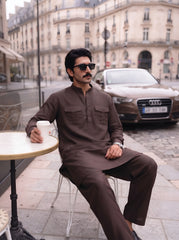 Stitched Cotton Kurta Trouser Set Relaxed Fit - Coffee Brown