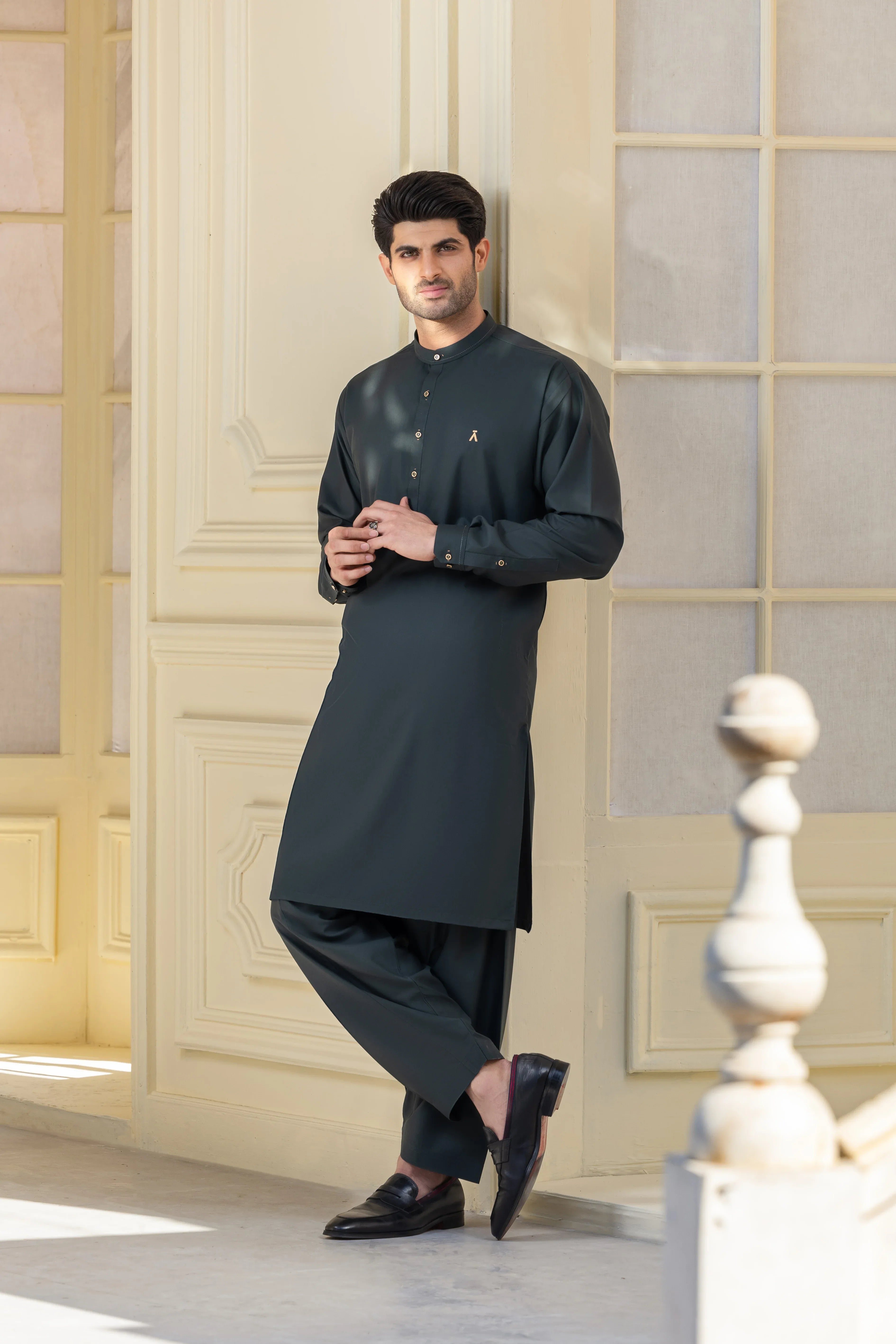 Stitched Full Ban Kurta Shalwar With Golden Accents for Men - Fern Green - A Man