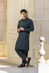 Stitched Full Ban Kurta Shalwar With Golden Accents for Men - Fern Green - A Man