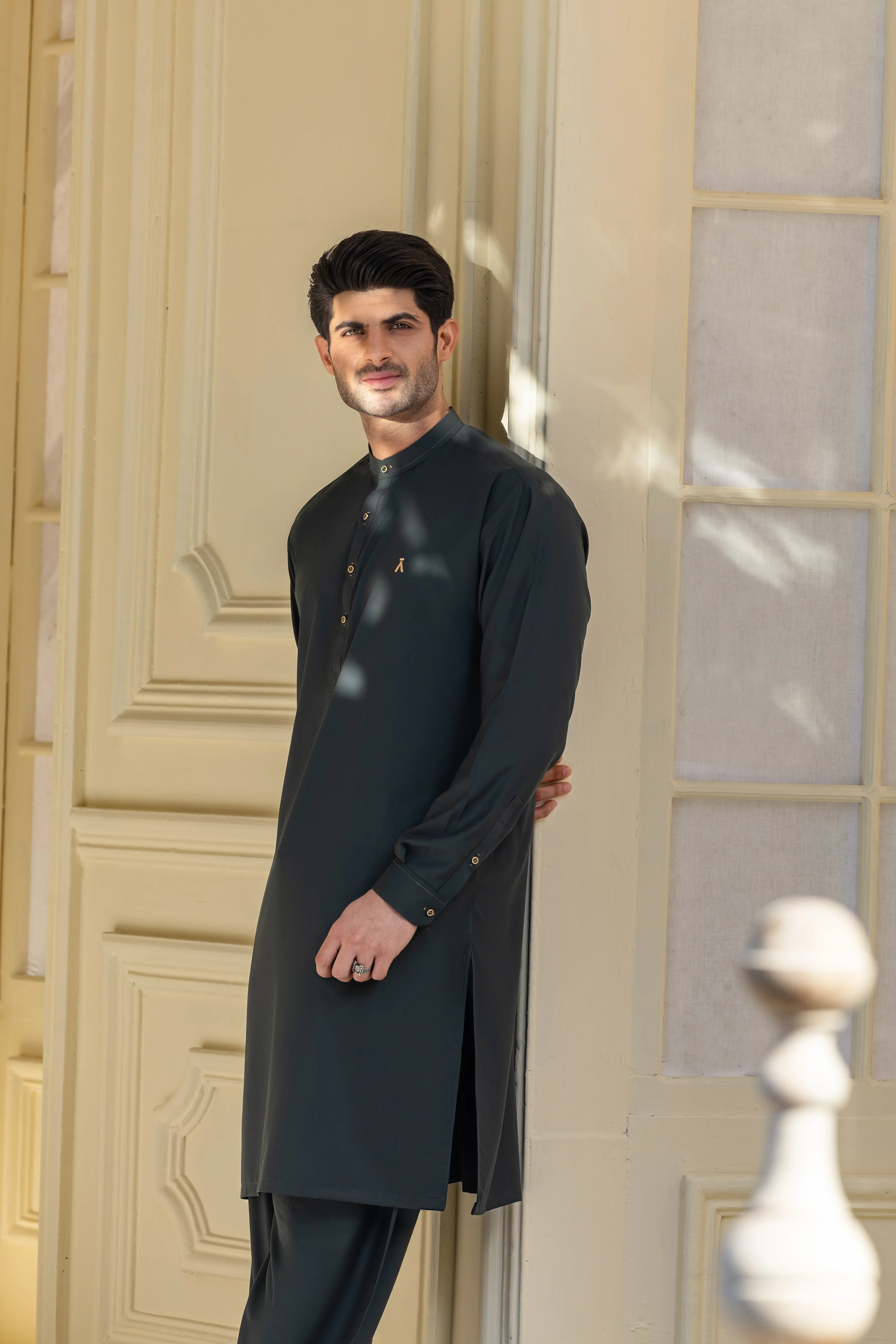 Stitched Full Ban Kurta Shalwar With Golden Accents for Men - Fern Green - A Man