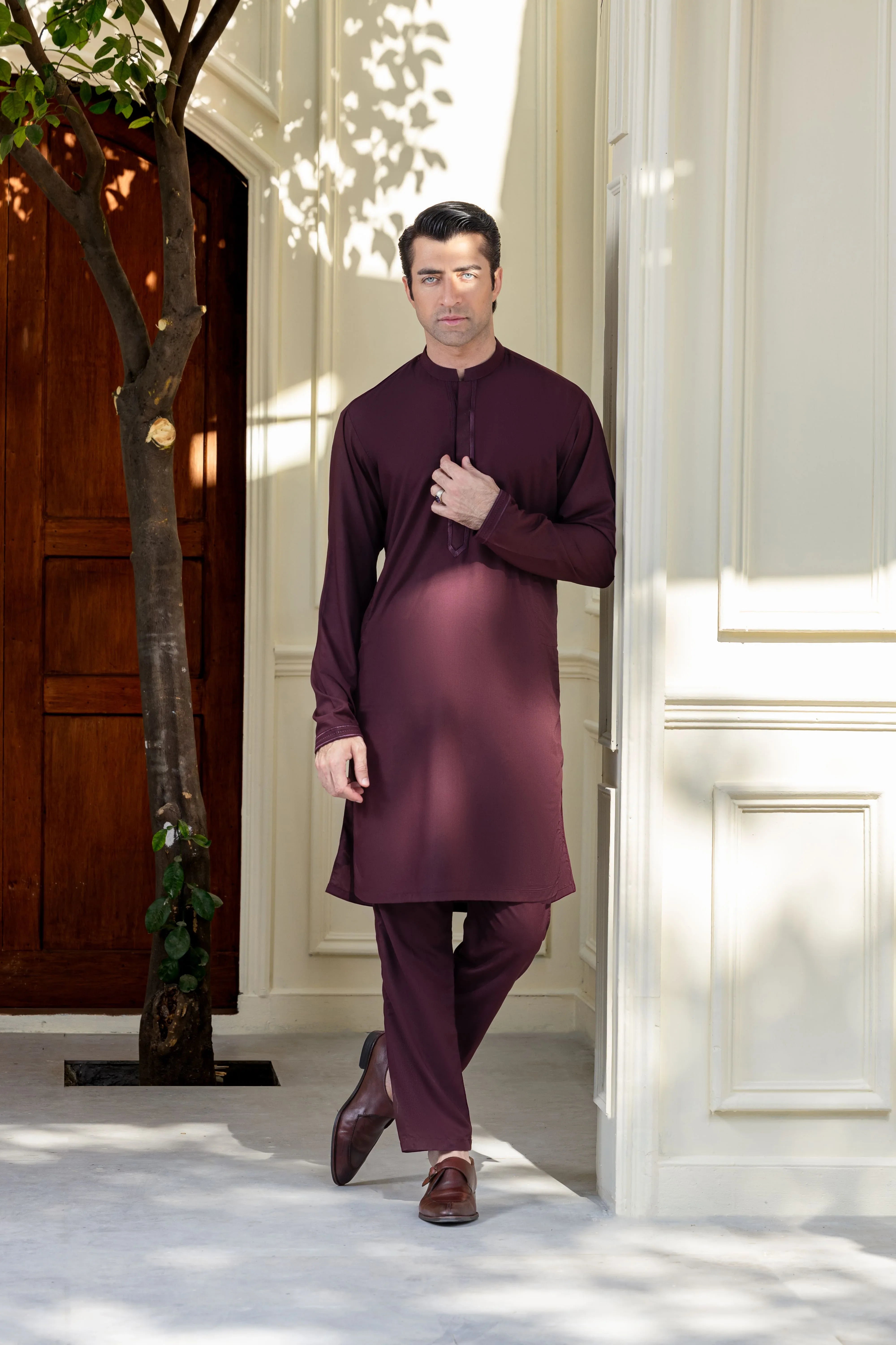 Stitched Exquisite Limited Edition Embroidered Kurta Trouser for Men - Maroon - A Man