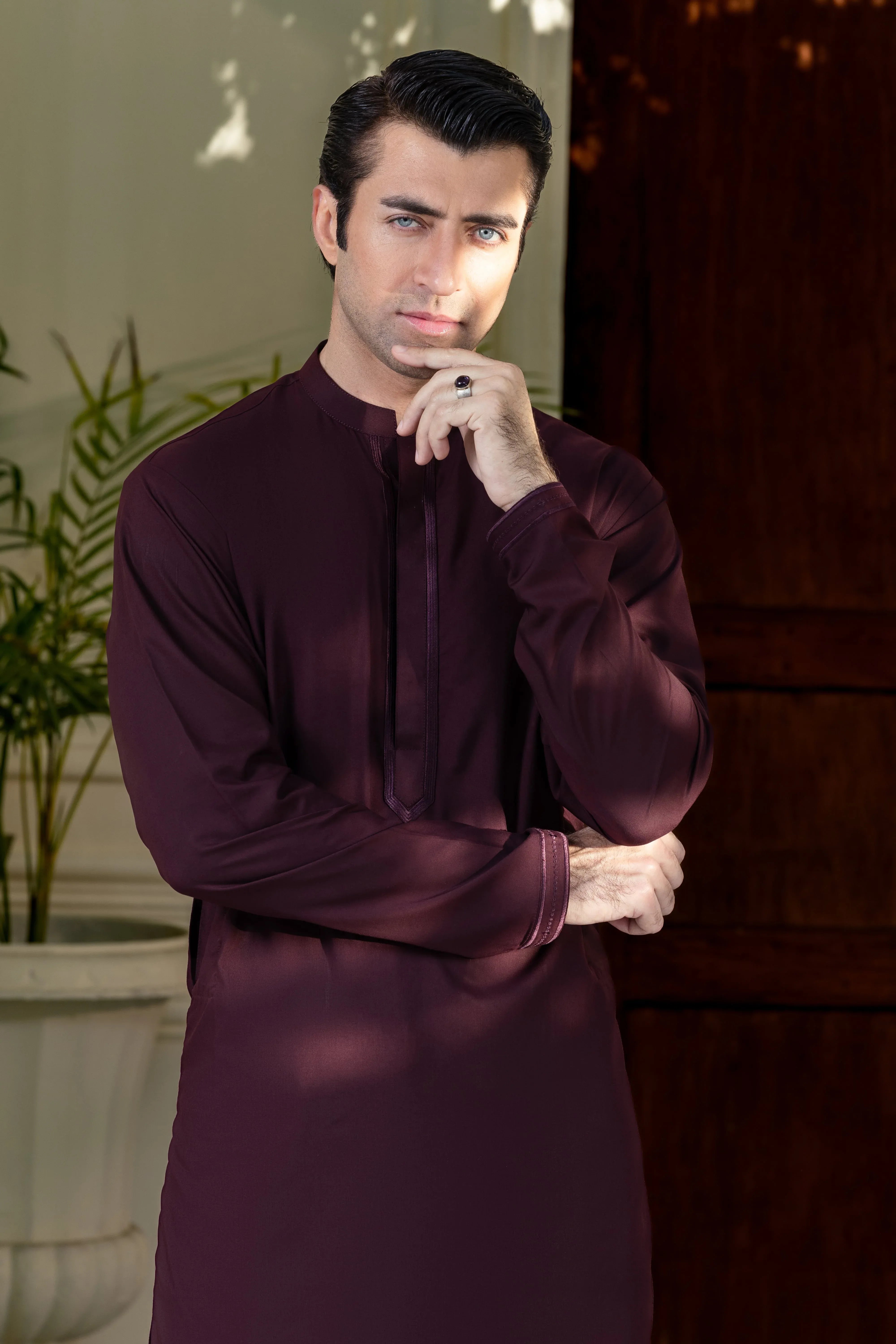 Stitched Exquisite Limited Edition Embroidered Kurta Trouser for Men - Maroon - A Man