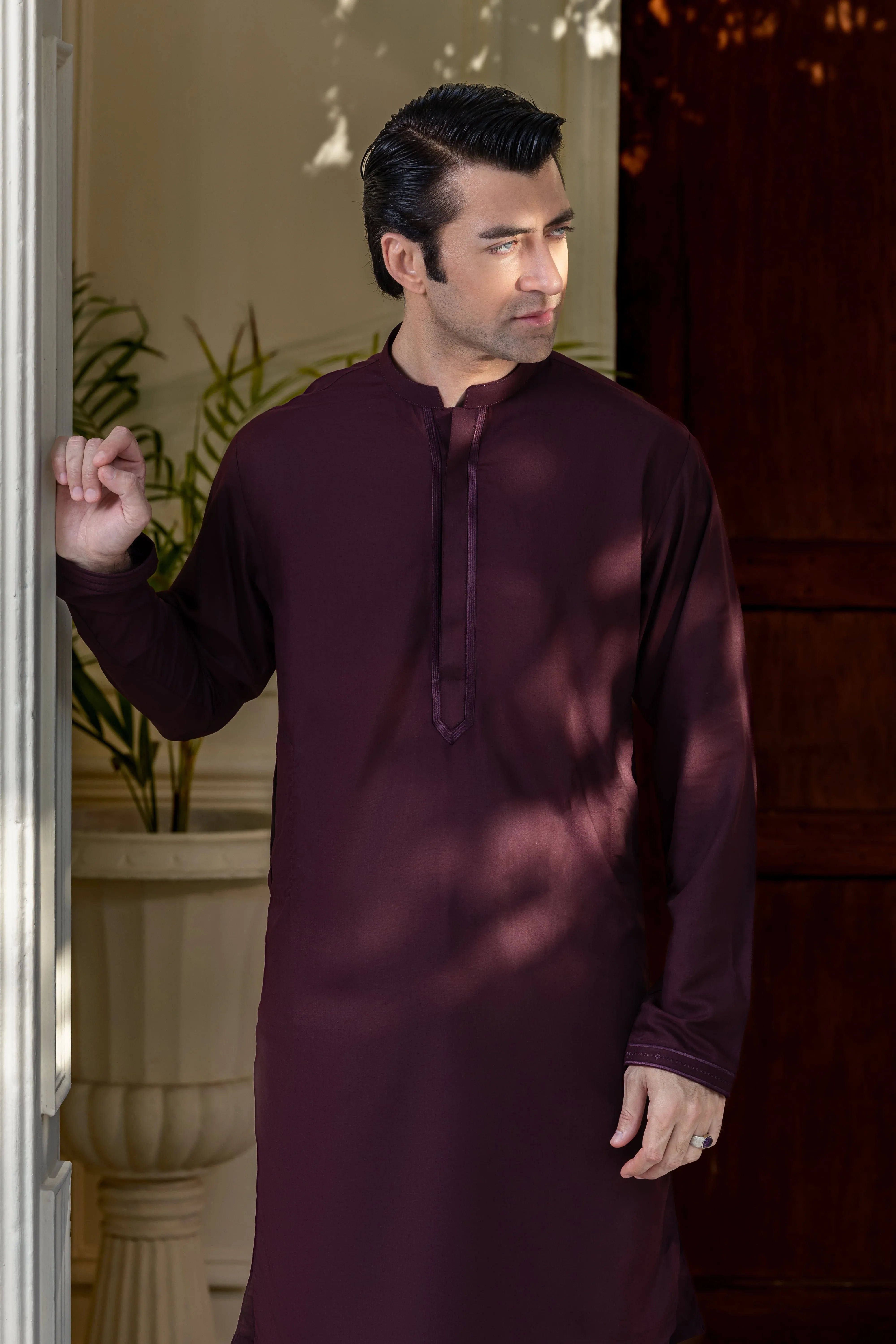 Stitched Exquisite Limited Edition Embroidered Kurta Trouser for Men - Maroon - A Man