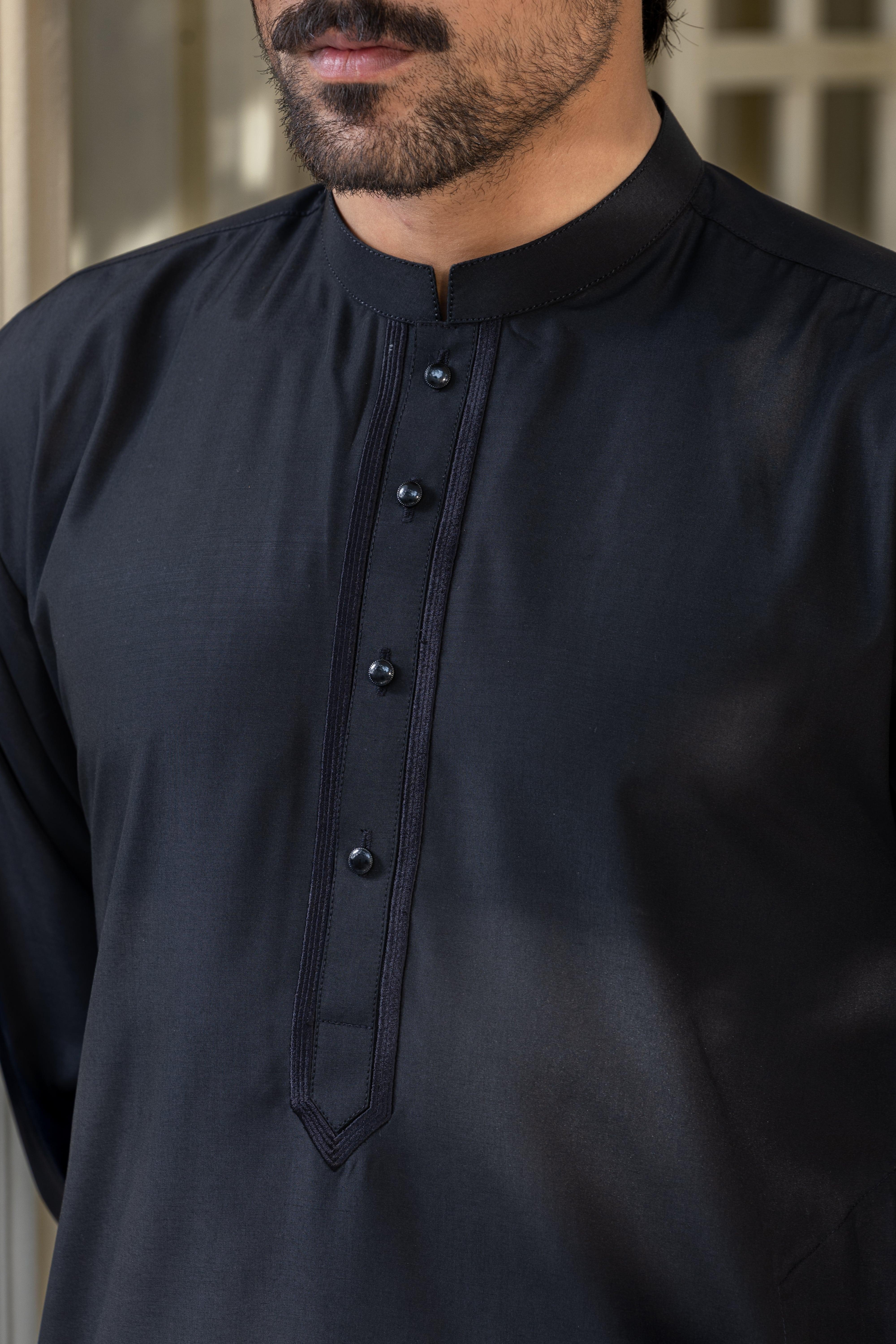 Stitched Embroidered Kurta With Matching Trousers for Men - Deep Black - A Man