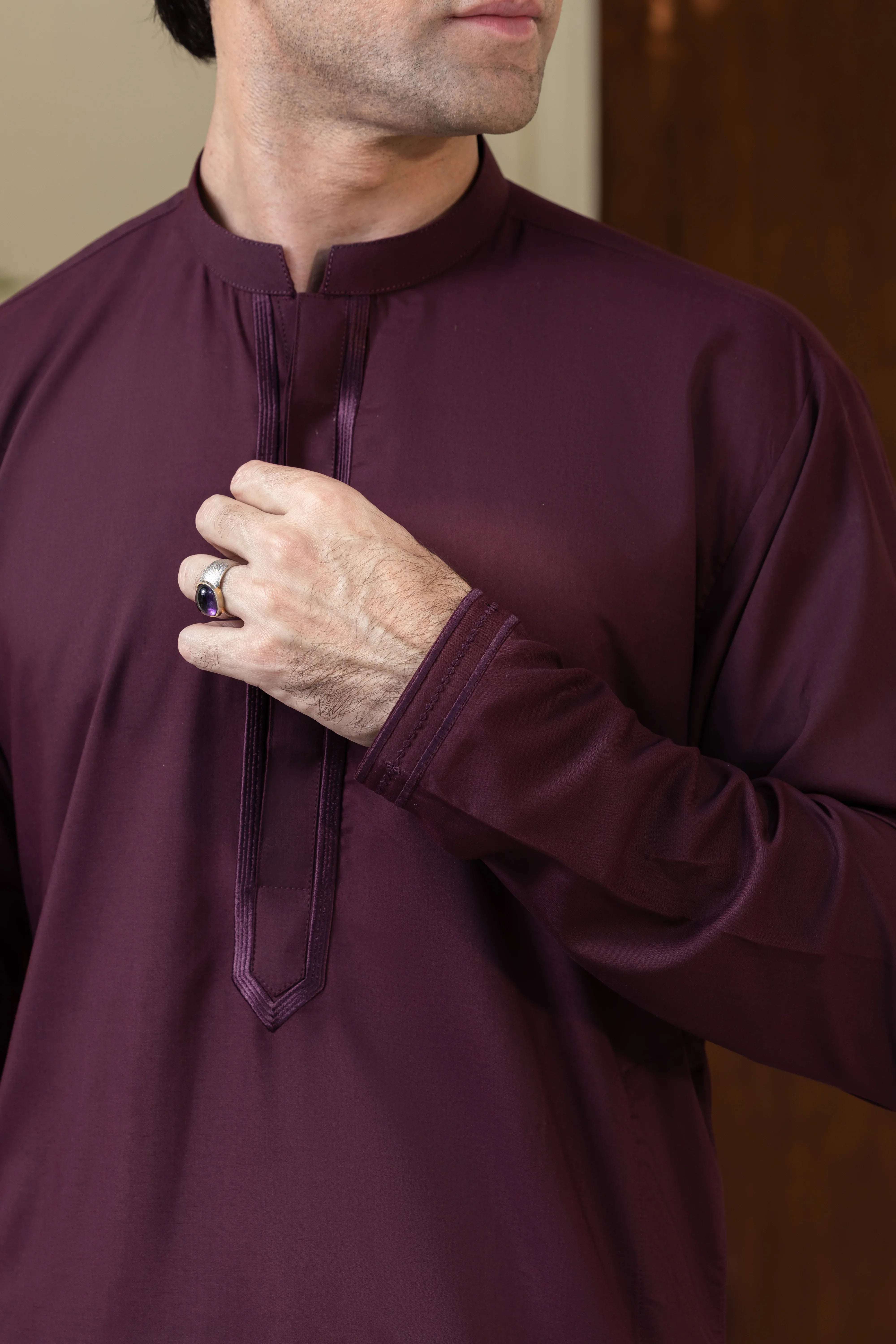 Stitched Exquisite Limited Edition Embroidered Kurta Trouser for Men - Maroon - A Man