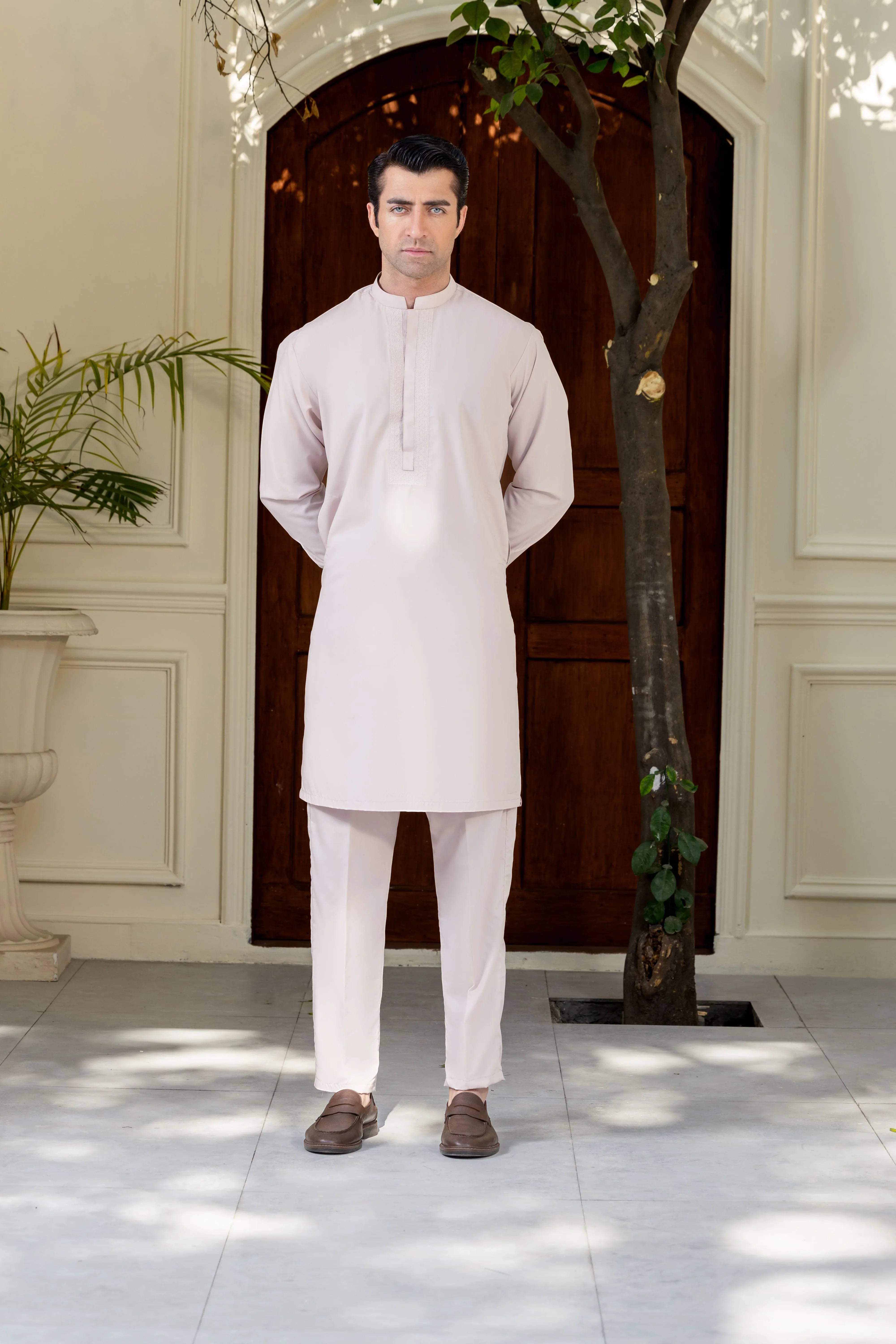 Stitched Cross Stitch Embroidered Kurta With Matching Trouser for Men - Soft Pink - A Man