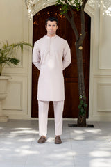 Stitched Cross Stitch Embroidered Kurta With Matching Trouser for Men - Soft Pink - A Man