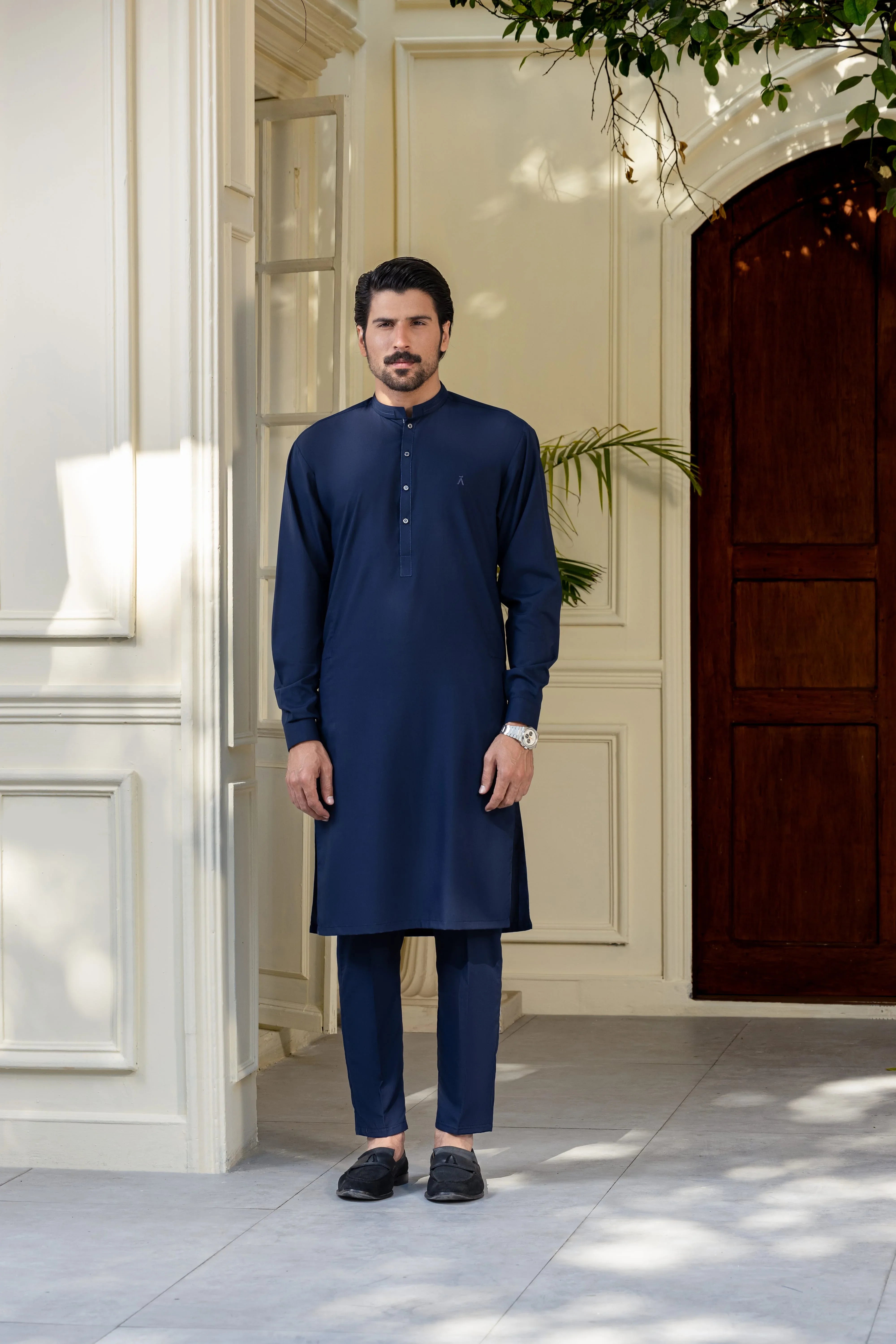 Stitched Ban Collar Kurta Trouser With Golden Logo Buttons for Men - Dark Blue - A Man