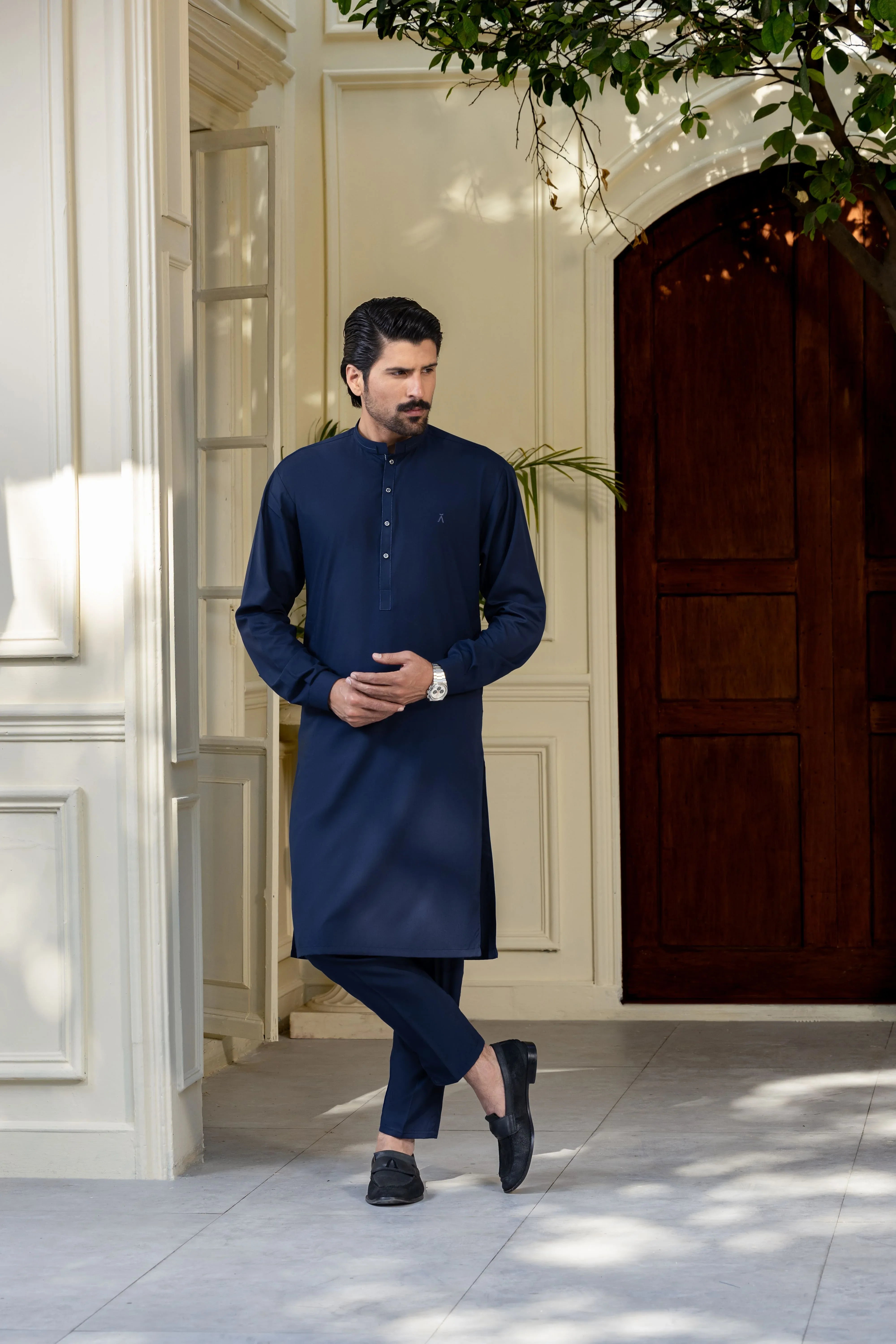 Stitched Ban Collar Kurta Trouser With Golden Logo Buttons for Men - Dark Blue - A Man