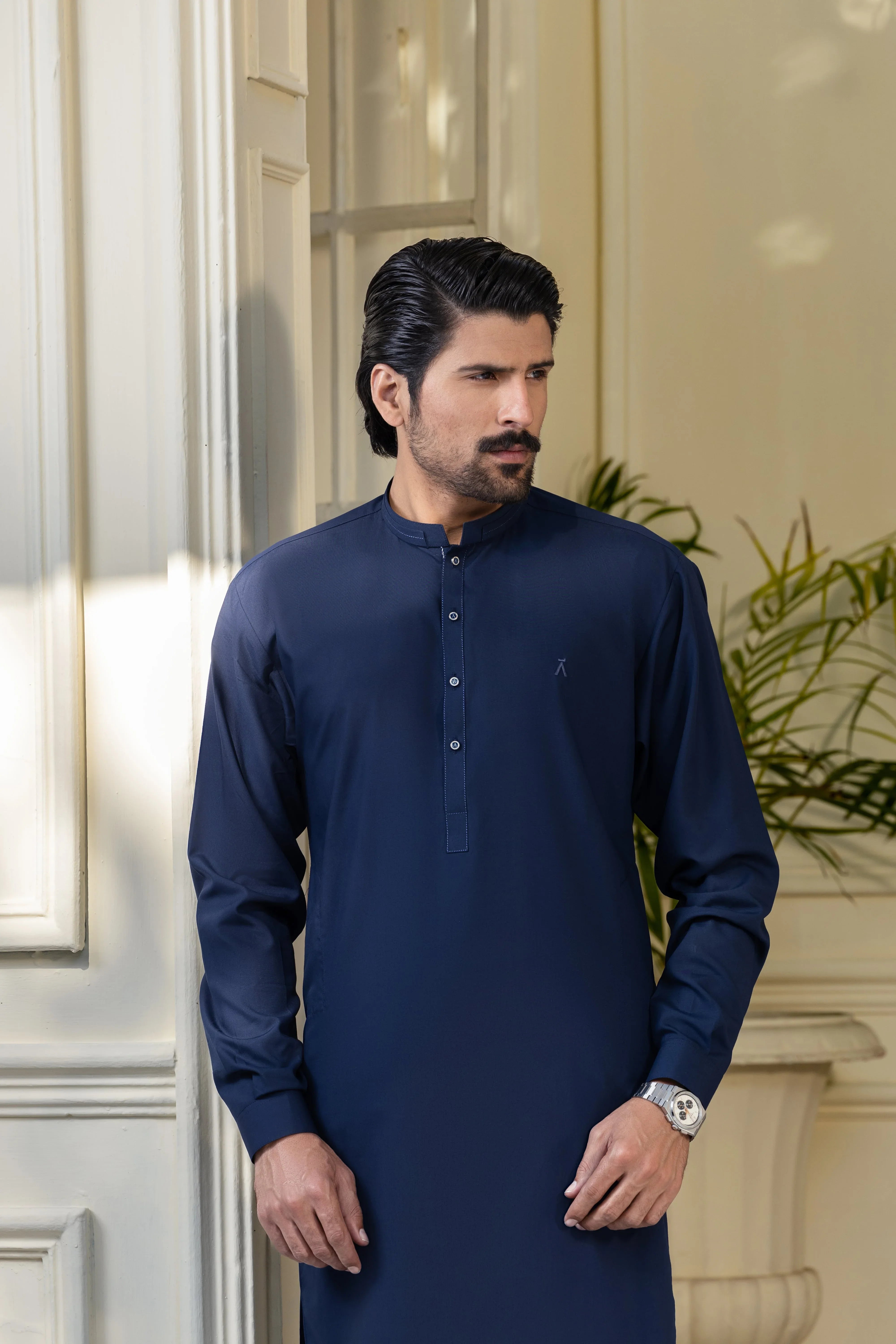 Stitched Ban Collar Kurta Trouser With Golden Logo Buttons for Men - Dark Blue - A Man