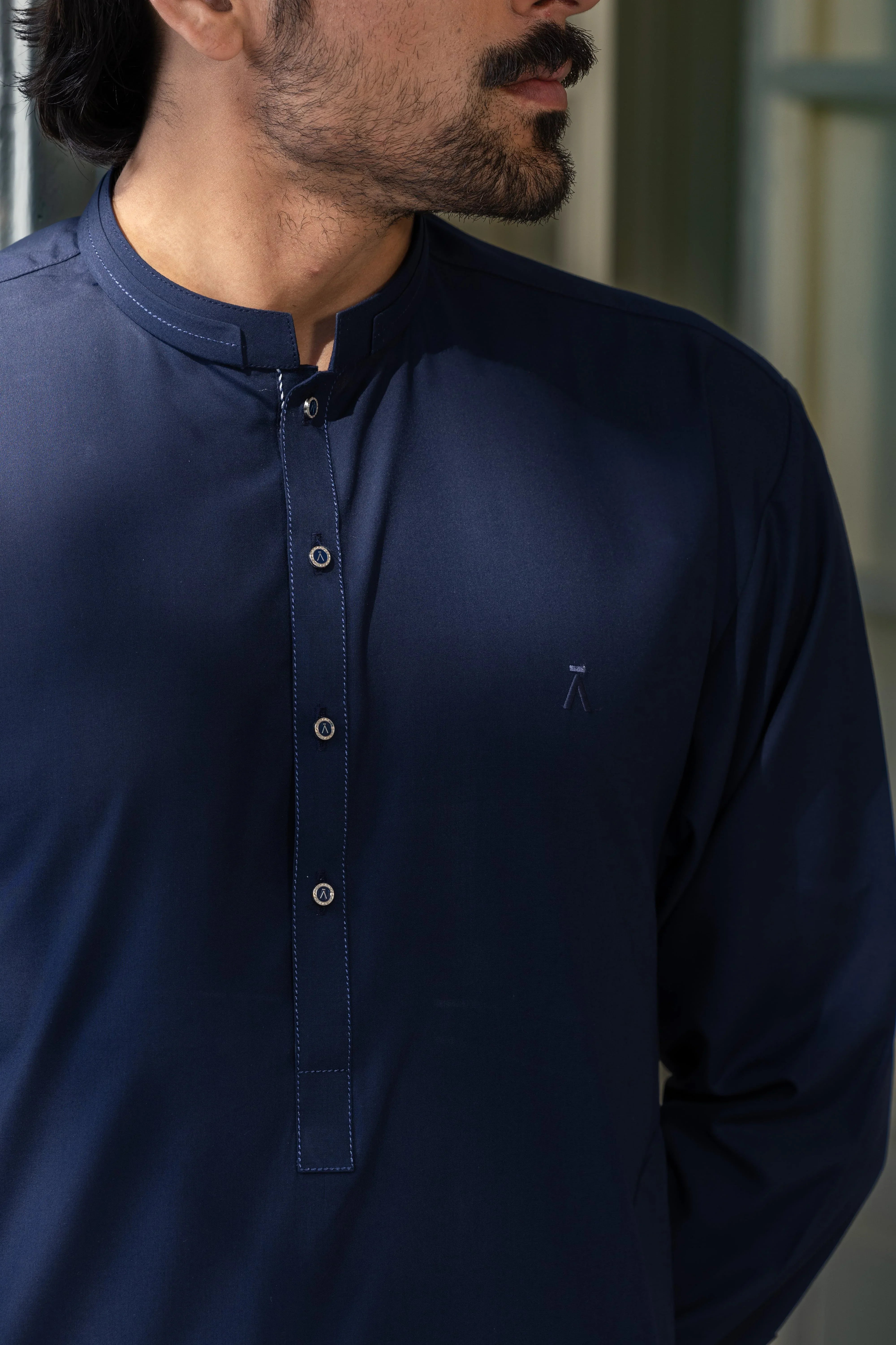 Stitched Ban Collar Kurta Trouser With Golden Logo Buttons for Men - Dark Blue - A Man