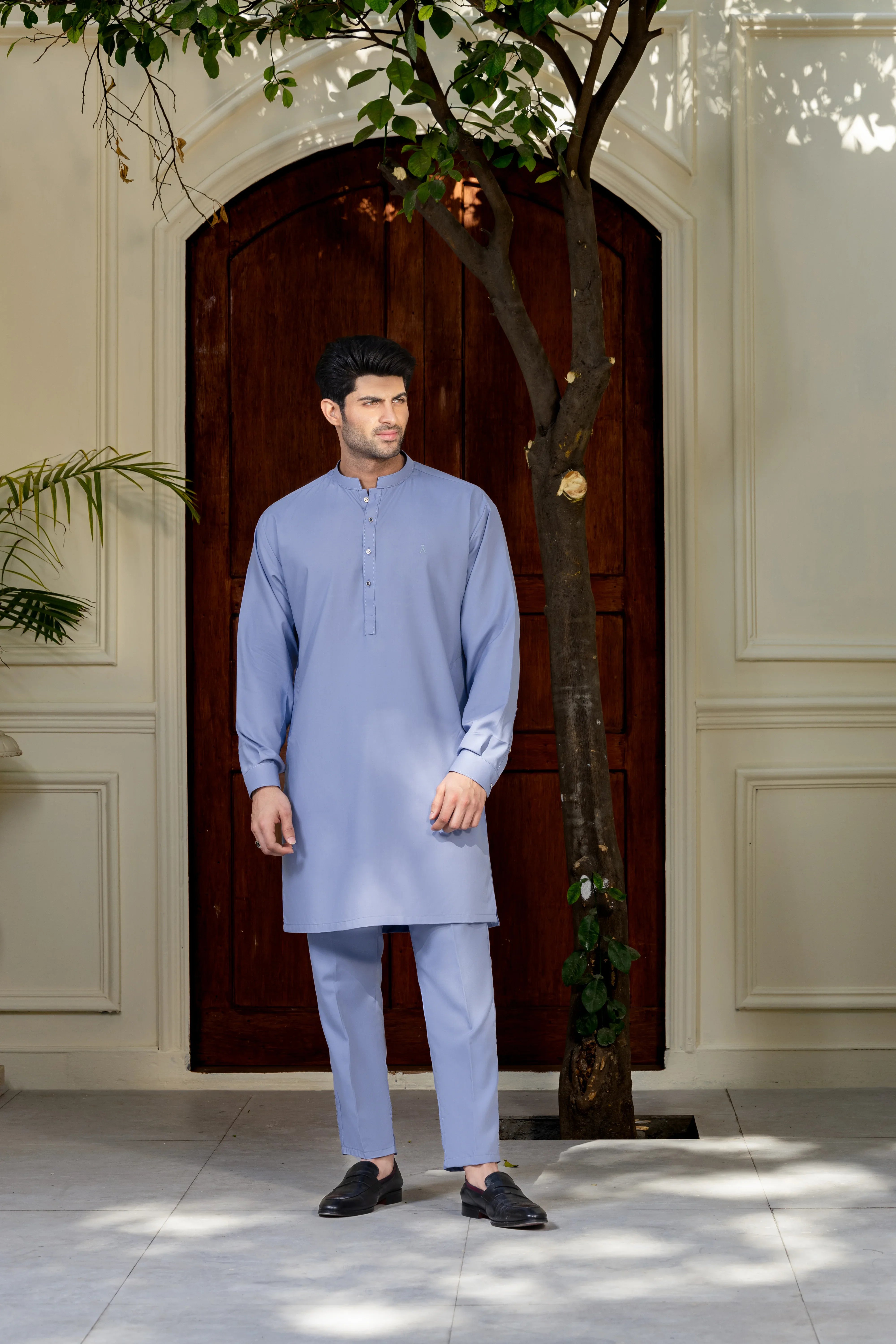 Stitched Premium Kurta With Matching Trousers for Men - Mid Blue - A Man
