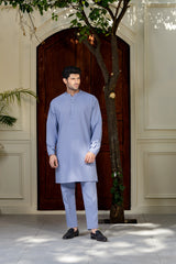 Stitched Premium Kurta With Matching Trousers for Men - Mid Blue - A Man