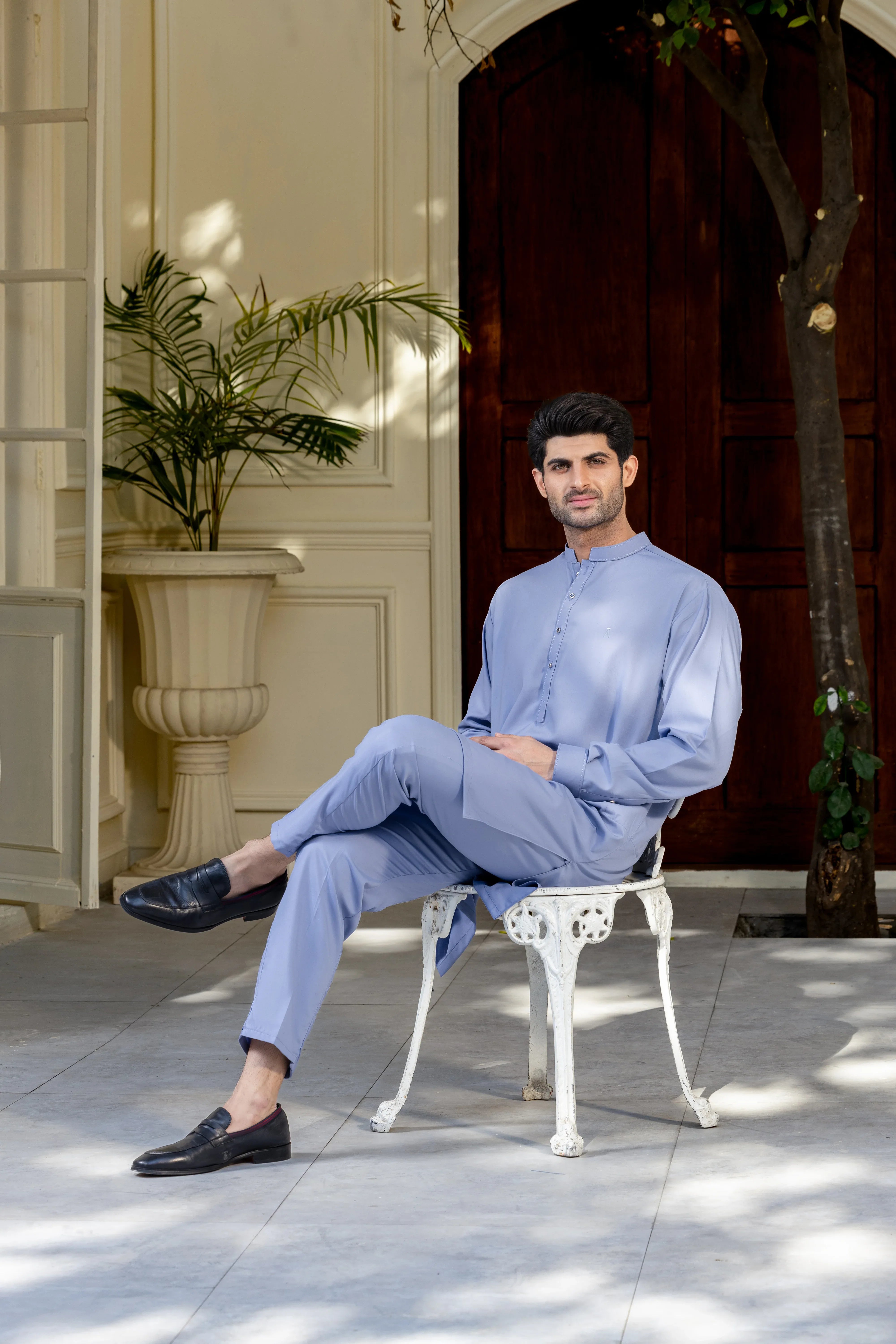 Stitched Premium Kurta With Matching Trousers for Men - Mid Blue - A Man