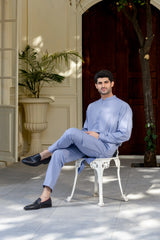 Stitched Premium Kurta With Matching Trousers for Men - Mid Blue - A Man