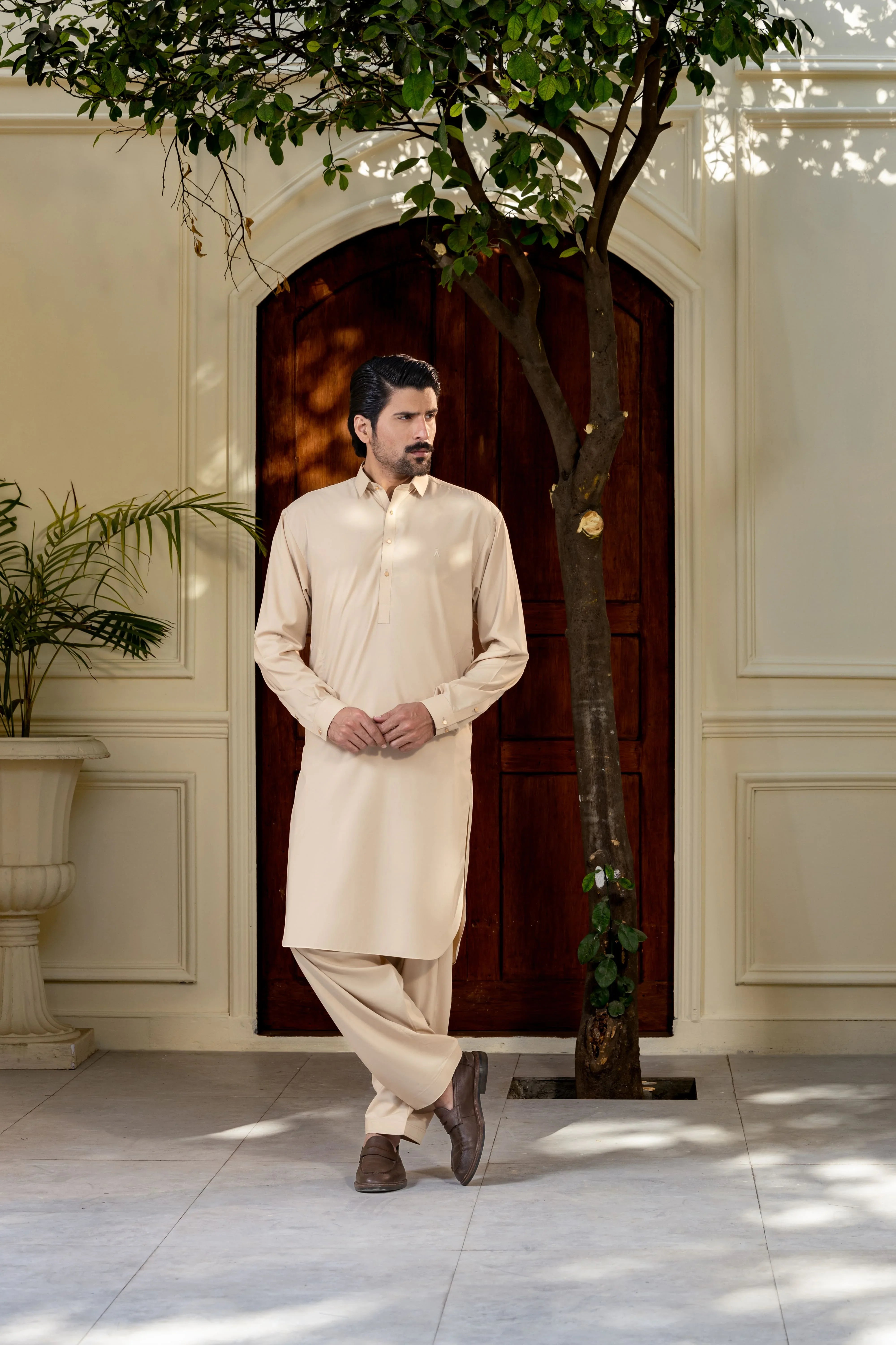 Stitched Premium Collar Kameez With Matching Shalwar for Men - Biscuit - A Man