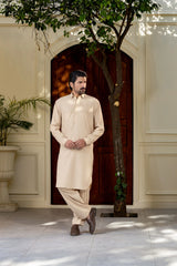 Stitched Premium Collar Kameez With Matching Shalwar for Men - Biscuit - A Man
