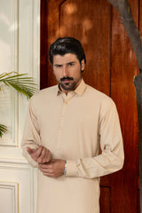 Stitched Premium Collar Kameez With Matching Shalwar for Men - Biscuit - A Man