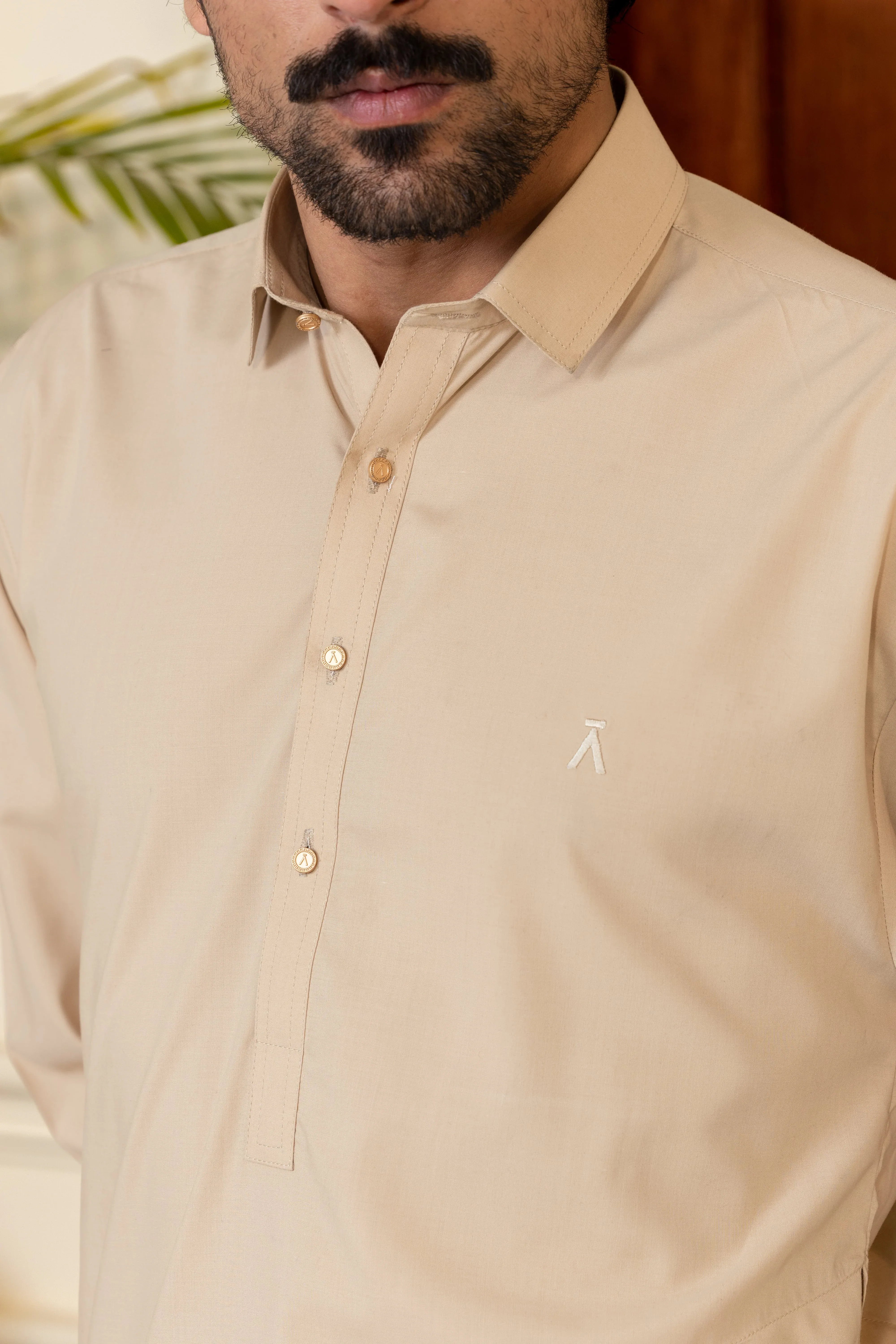 Stitched Premium Collar Kameez With Matching Shalwar for Men - Biscuit - A Man