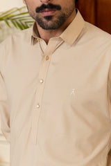 Stitched Premium Collar Kameez With Matching Shalwar for Men - Biscuit - A Man