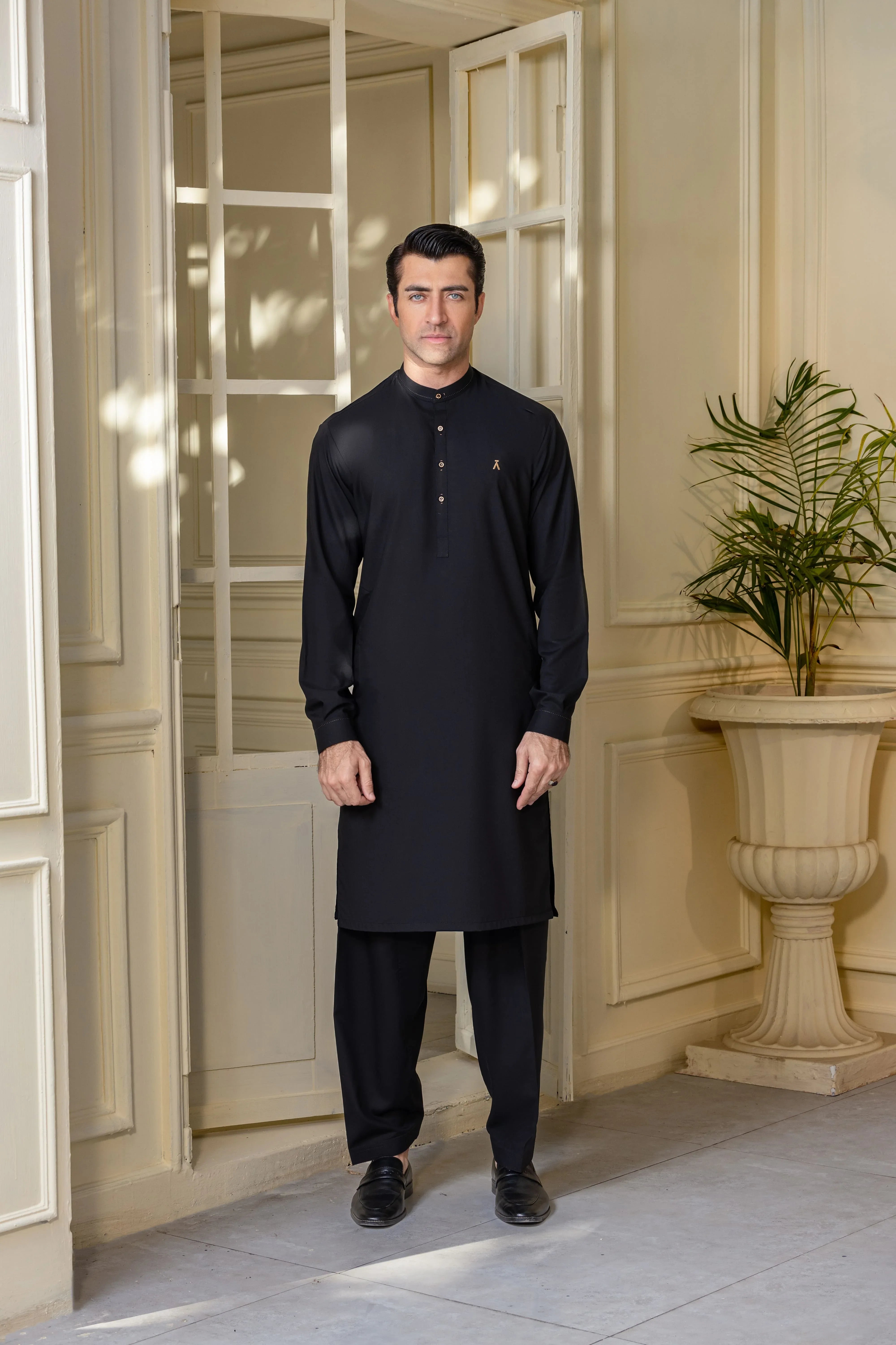 Stitched Full Ban Kameez Shalwar With A MAN Logo Golden Buttons for Men - Royal Black - A Man