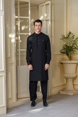 Stitched Full Ban Kameez Shalwar With A MAN Logo Golden Buttons for Men - Royal Black - A Man