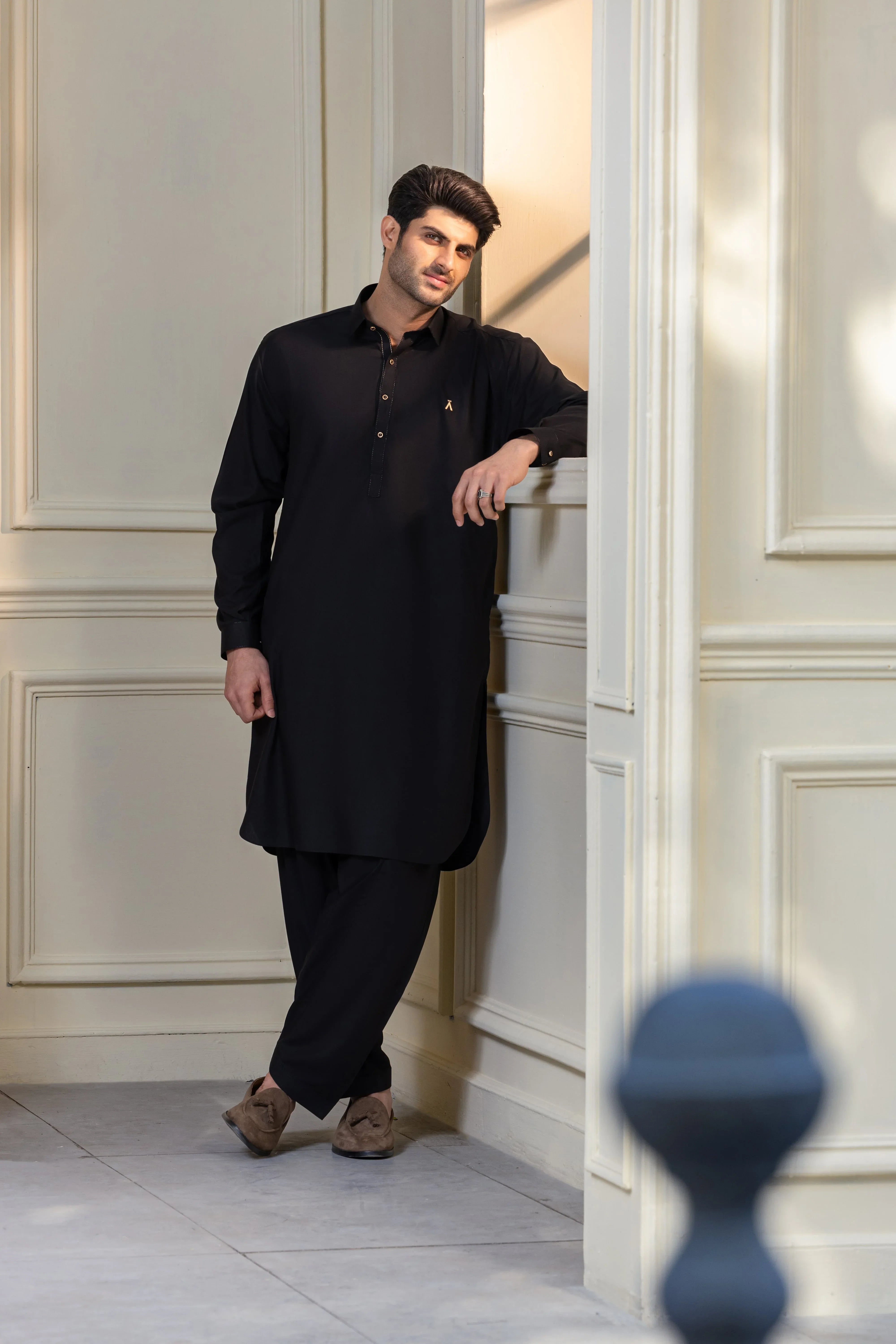 Stitched Premium Kameez Shalwar With Golden Accent for Men - Black - A Man